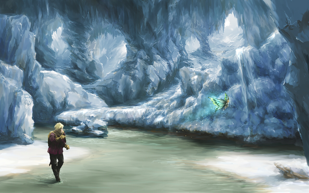 1girl bad_id bad_pixiv_id blonde_hair cave cb copyright_request fantasy ice nature pixie scenery walking