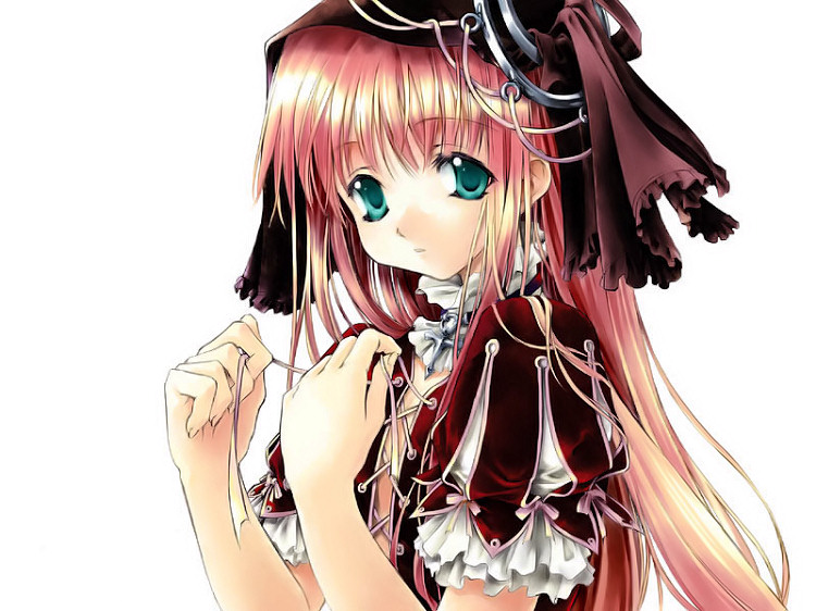 bow copyright_request frilled_sleeves frills green_eyes hair_bow long_hair looking_at_viewer puffy_short_sleeves puffy_sleeves red_hair short_sleeves simple_background solo sumi_keiichi upper_body very_long_hair white_background