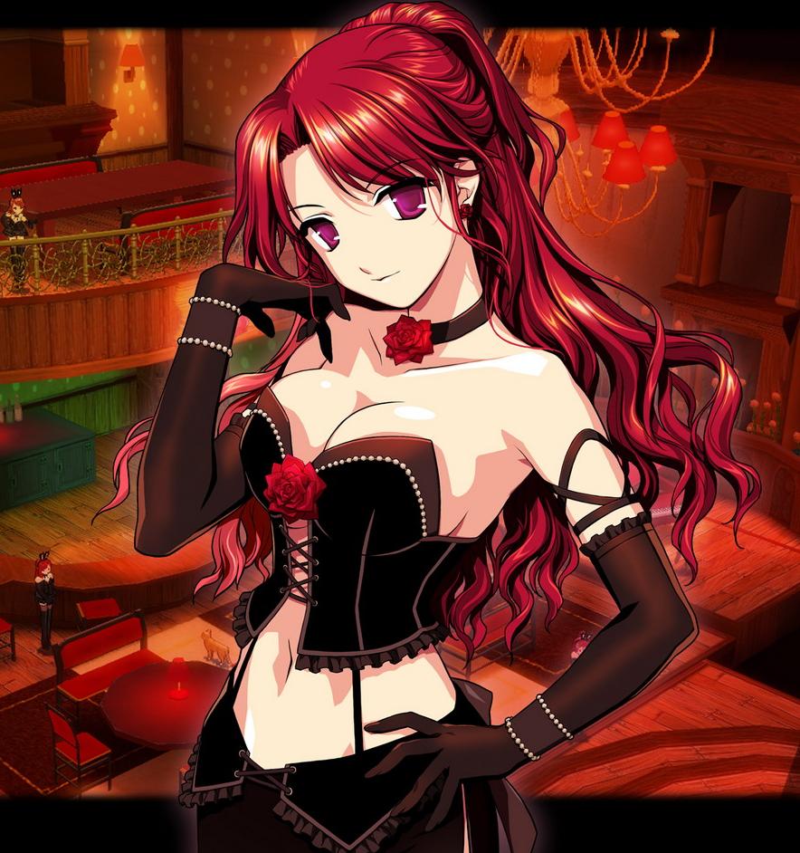 artist_request bracelet breasts cleavage collar elbow_gloves flower garters gloves jewelry large_breasts lingerie long_hair mabinogi ponytail red_flower red_hair red_rose rose rua solo thighhighs underwear