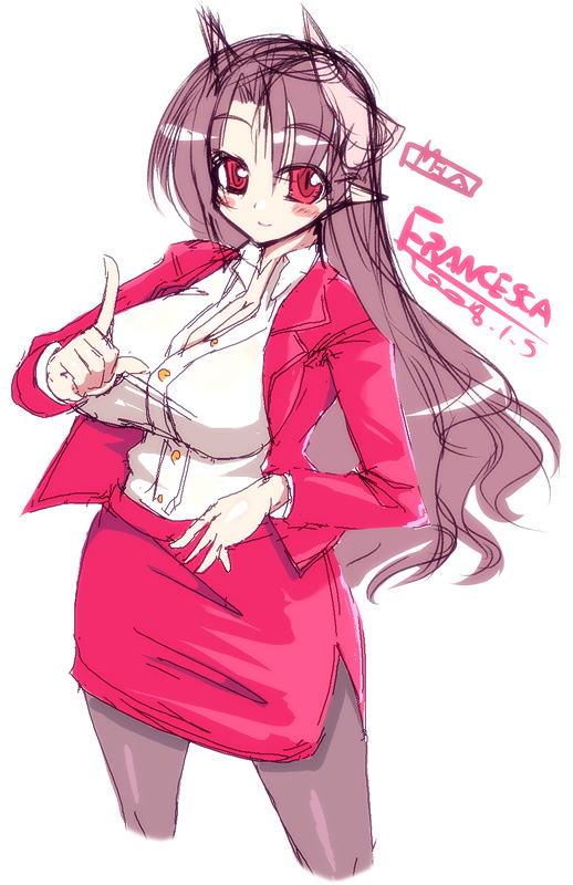 akatsuki_francesca blush breasts brown_hair demon_girl formal horns huge_breasts jacket long_hair mature mel/a original pantyhose pencil_skirt pointing pointy_ears red_eyes sketch skirt skirt_suit smile solo succubus suit