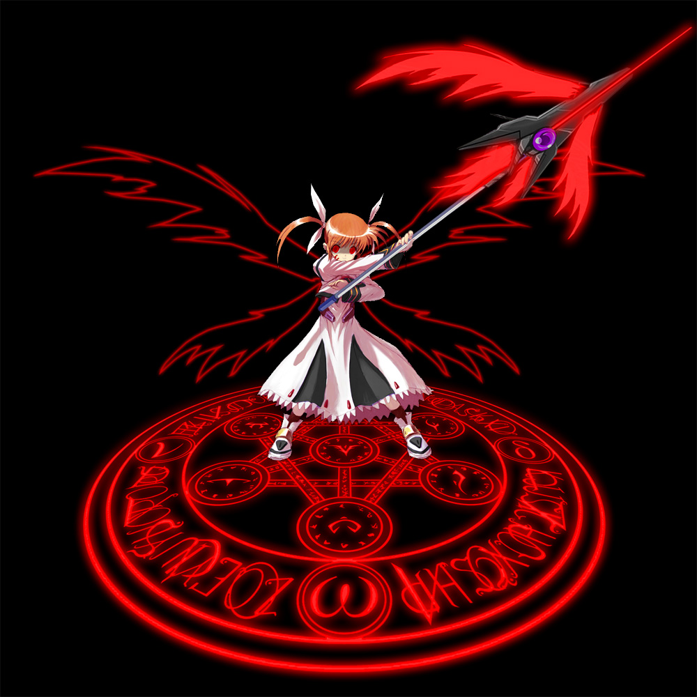 alternate_color alternate_weapon artist_request black_background energy_wings hexagram lyrical_nanoha magic_circle magical_girl mahou_shoujo_lyrical_nanoha mahou_shoujo_lyrical_nanoha_a's raising_heart red_eyes red_hair solo takamachi_nanoha twintails weapon white_devil wings
