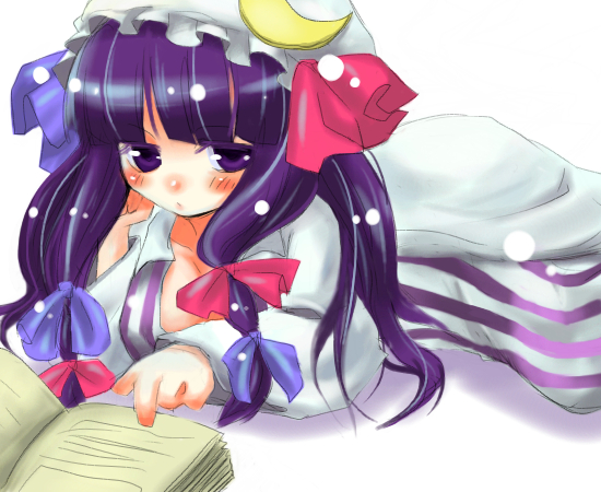 bangs blue_bow blunt_bangs book bow dress full_body hair_bow long_hair long_sleeves lying multi-tied_hair on_stomach ono_mochiko open_book patchouli_knowledge pink_bow purple_eyes purple_hair reading red_bow solo touhou very_long_hair white_dress