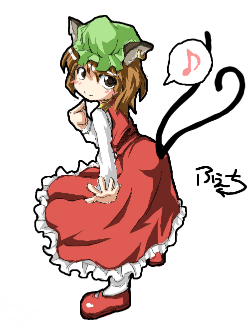 animal_ears brown_eyes brown_hair cat_ears cat_tail chen earrings eighth_note fechirin hat jewelry multiple_tails musical_note short_hair simple_background smile solo speech_bubble spoken_musical_note tail touhou white_background