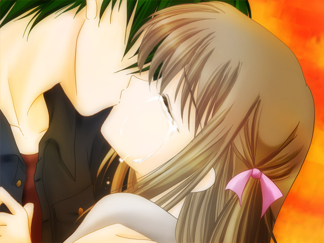 1girl artist_request bow bowtie closed_eyes copyright_request couple hetero kiss tears