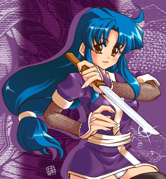 artist_request blue_hair dagger ganbare_goemon japanese_clothes knife long_hair ninja reverse_grip solo sword thighhighs weapon yae_(ganbare_goemon)