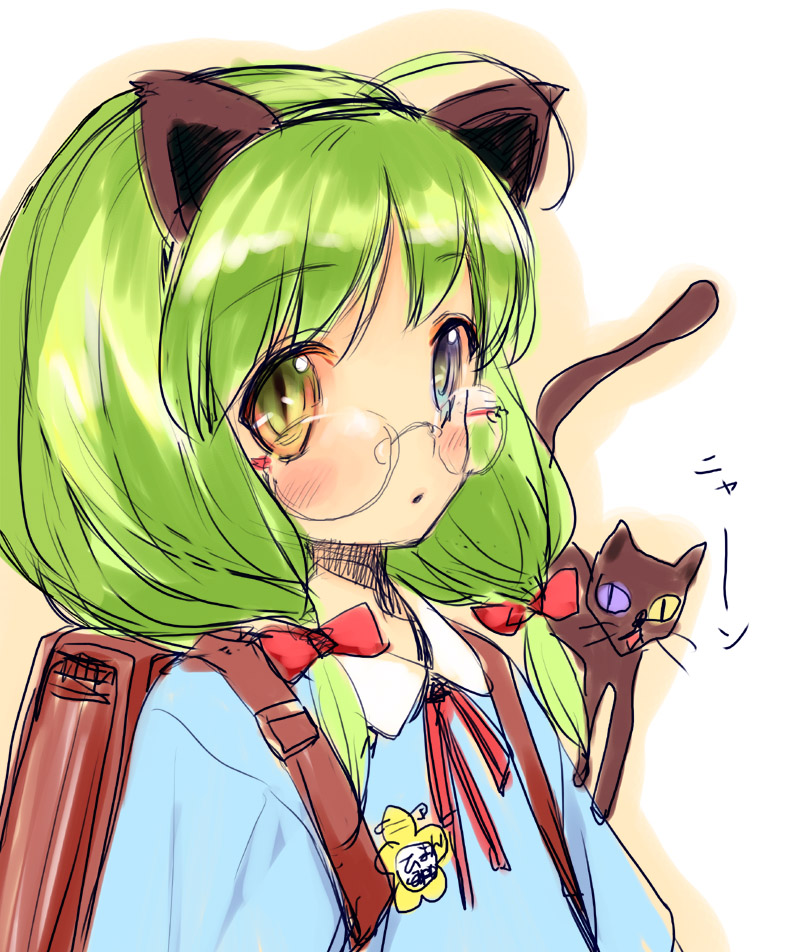 backpack bag cat copyright_request glasses goshiki_suzu green_eyes green_hair kindergarten slit_pupils solo twintails