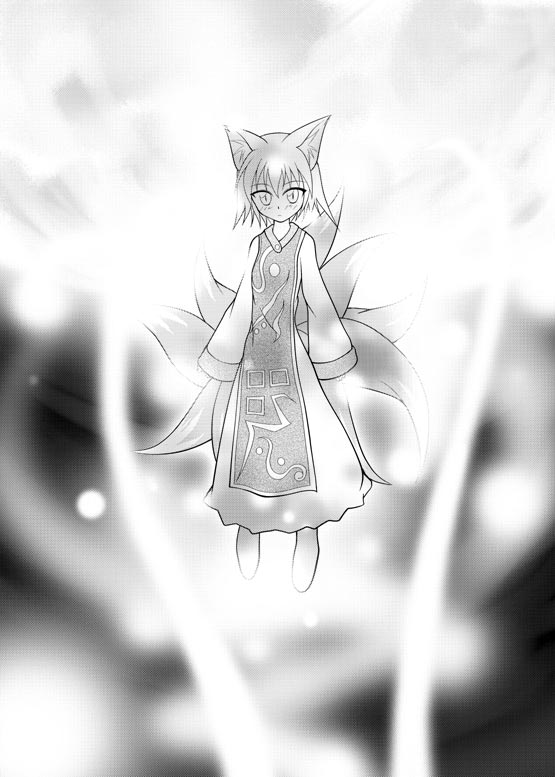 arms_at_sides artist_request expressionless floating fox_tail full_body greyscale long_sleeves looking_at_viewer monochrome multiple_tails no_hat no_headwear sleeves_past_wrists solo tabard tail tassel touhou wide_sleeves yakumo_ran