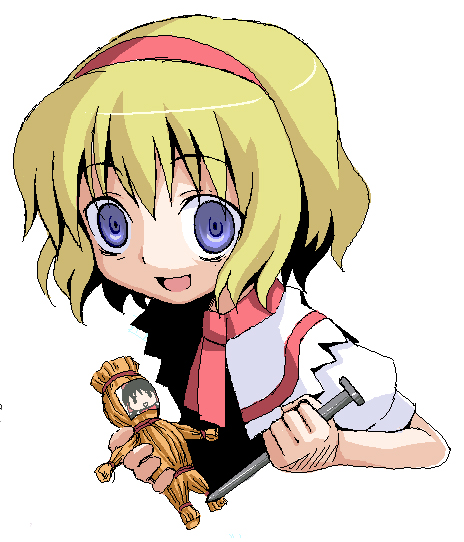 alice_margatroid blonde_hair blush capelet hairband hakurei_reimu looking_at_viewer nail open_mouth photo_(object) puffy_short_sleeves puffy_sleeves short_hair short_sleeves simple_background solo touhou upper_body voodoo_doll waraningyou white_background yandere