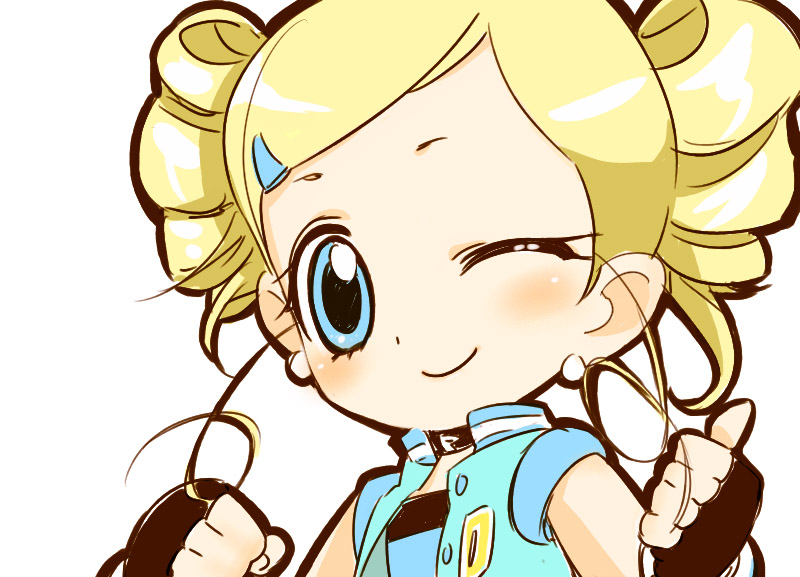 ;) black_gloves blonde_hair blue_eyes blush clenched_hands closed_mouth drill_hair earrings fingerless_gloves gloves goshiki_suzu goutokuji_miyako hair_ornament hairclip jewelry looking_at_viewer one_eye_closed powerpuff_girls_z rolling_bubbles smile solo upper_body