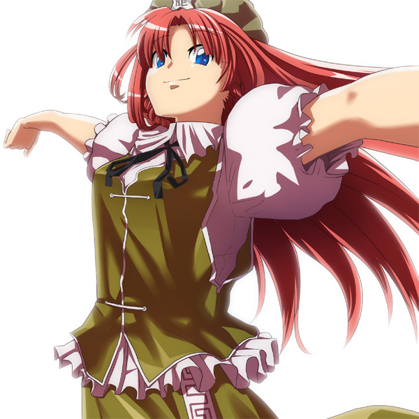 bloom blue_eyes chinese_clothes fukurou hong_meiling long_hair orange_hair outstretched_arms puffy_sleeves smile solo spread_arms stretch touhou upper_body