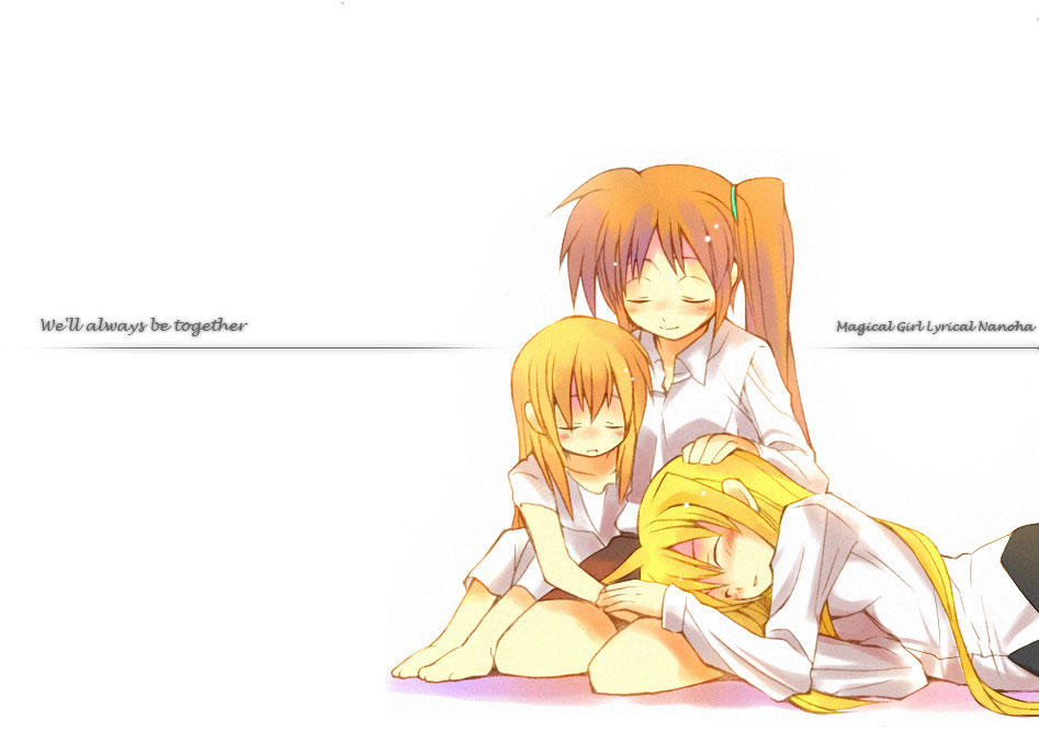 artist_request blonde_hair blush closed_eyes collared_shirt copyright_name fate_testarossa full_body hair_ornament hairclip hard_translated lap lap_pillow long_hair long_sleeves lyrical_nanoha mahou_shoujo_lyrical_nanoha_strikers multiple_girls on_lap seiza shirt short_hair side_ponytail simple_background sitting sleeping sleeping_upright takamachi_nanoha translated upper_body very_long_hair vivio white_background white_shirt