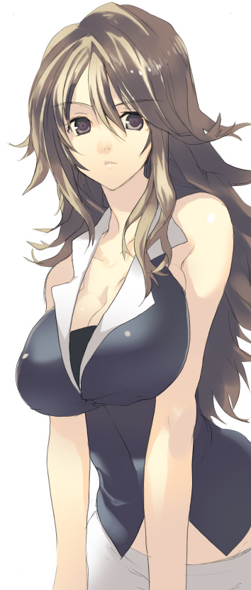 bad_proportions bare_shoulders breasts brown_eyes brown_hair cleavage closed_mouth flipped_hair frown gundam gundam_00 large_breasts light_brown_hair long_hair looking_at_viewer oka_asaha simple_background sleeveless solo sumeragi_lee_noriega upper_body white_background