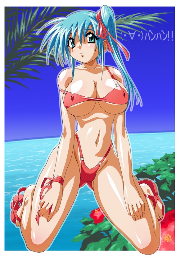 artist_request bikini blue_hair breasts divergence_eve huge_breasts kureha_misaki ribbon sandals solo swimsuit water