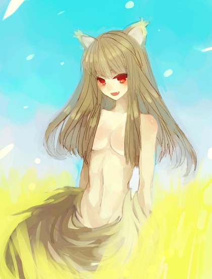 animal_ears breasts emi_(emi43) holo long_hair medium_breasts nude solo spice_and_wolf tail wolf_ears