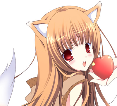 animal_ears apple food fruit holding holding_food holding_fruit holo long_hair lowres shirogane_hina solo spice_and_wolf tail wolf_ears