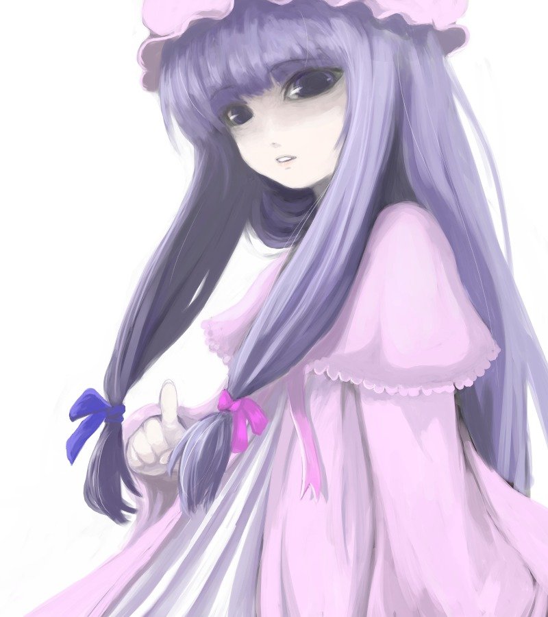 bow face ginji_(sakaki_summer) hair_bow hat long_hair patchouli_knowledge pink_bow purple_eyes purple_hair solo touhou