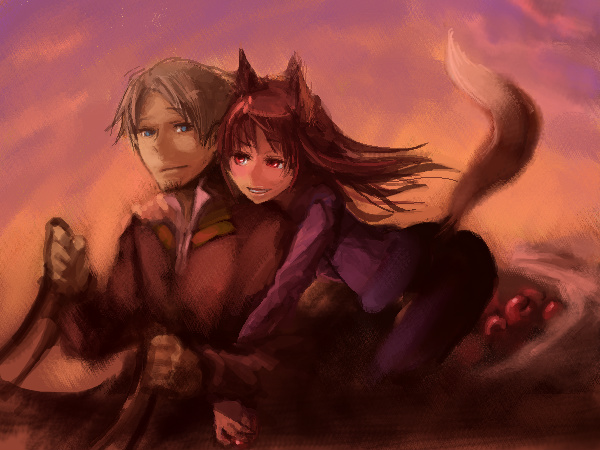 1girl animal_ears apple blue_eyes blush brown_hair craft_lawrence facial_hair food fruit goatee grey_hair grin hand_on_shoulder holding holo jacket leaning_forward leaning_on_person long_hair long_sleeves looking_at_another multiple_riders red_eyes reins riding short_hair smile spice_and_wolf tail wolf_ears wolf_tail ze_(sawakihein)