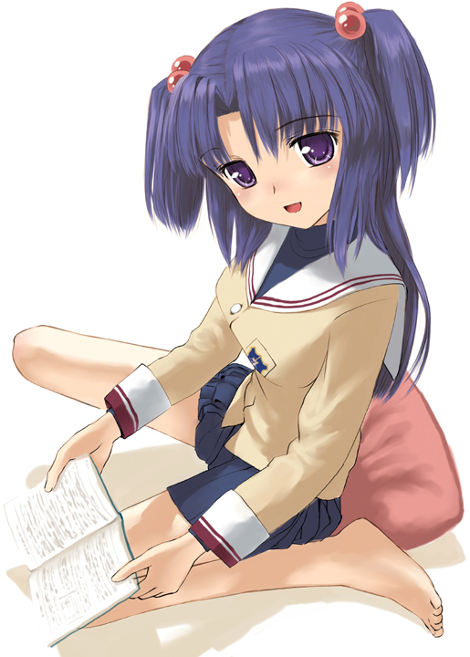 barefoot book clannad hair_bobbles hair_ornament hikarizaka_private_high_school_uniform ichinose_kotomi mocha_(snowflake) pillow purple_eyes purple_hair school_uniform sitting solo two_side_up