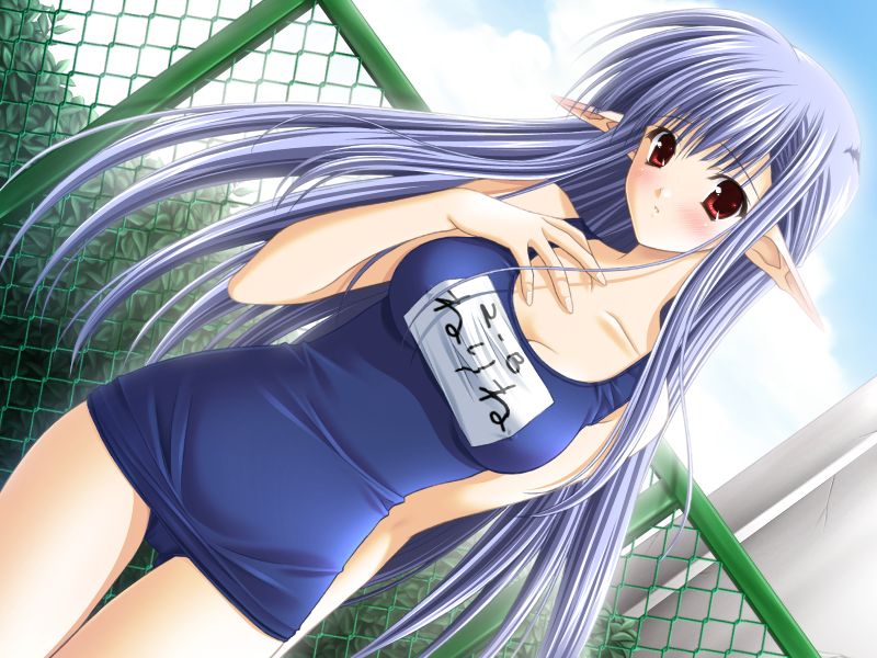 blue_hair blush breasts dutch_angle game_cg long_hair medium_breasts name_tag nerine one-piece_swimsuit pointy_ears red_eyes school_swimsuit shuffle! solo suzuhira_hiro swimsuit