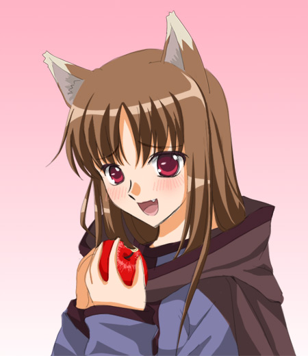 animal_ears apple blush brown_hair fang food fruit gradient gradient_background holding holding_food holding_fruit holo long_hair open_mouth pink_background sinko solo spice_and_wolf upper_body wolf_ears