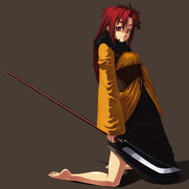barefoot kneeling long_hair niwa_zen original polearm red_hair solo weapon