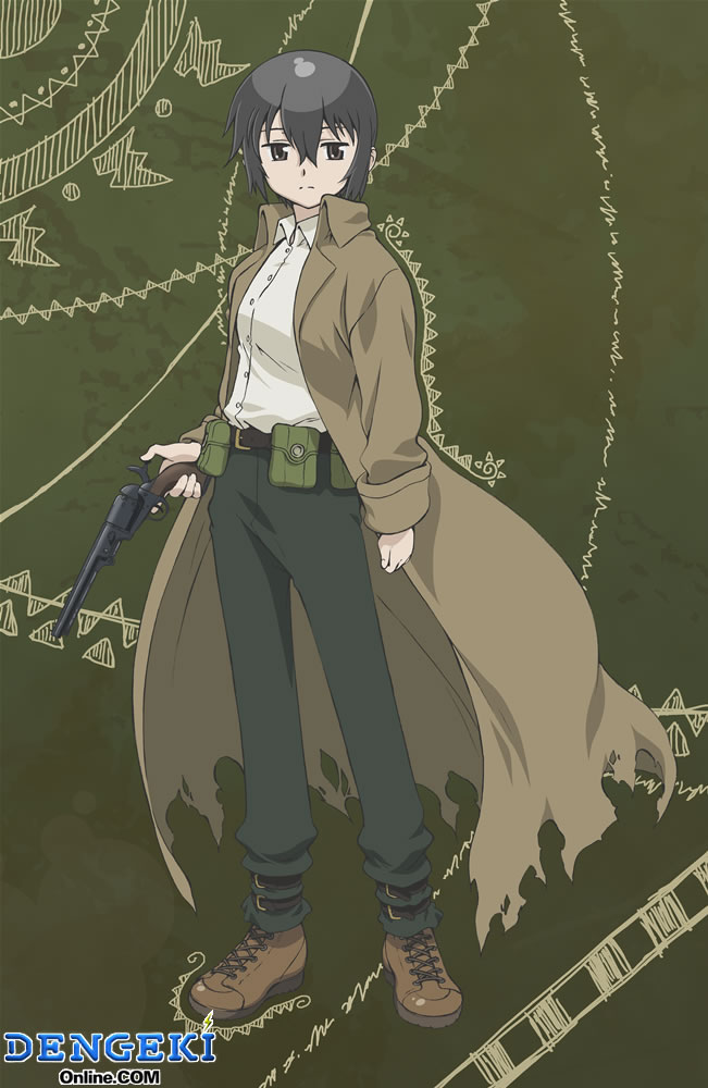 androgynous artist_request belt_pouch boots coat cocked_hammer colt_1851_navy gun handgun kino kino_no_tabi looking_at_viewer pouch reverse_trap revolver solo torn_clothes weapon