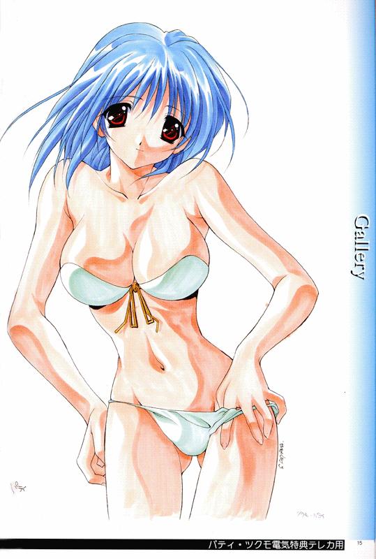 asuka_keisuke bandeau bikini bikini_pull blue_hair breasts cleavage front-tie_top large_breasts lunar_wing navel patti_(lunar_wing) pulled_by_self red_eyes scan short_hair simple_background smile solo standing swimsuit traditional_media undressing white_bikini wide_hips