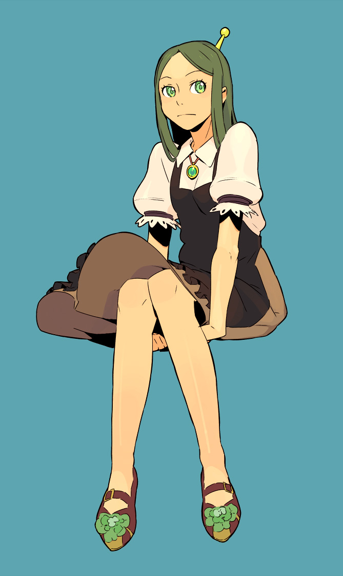 antennae closed_mouth dress expressionless eyebrows full_body green_eyes green_hair jewelry long_hair original pendant puffy_short_sleeves puffy_sleeves ryo_chimo shoes short_sleeves simple_background sitting solo