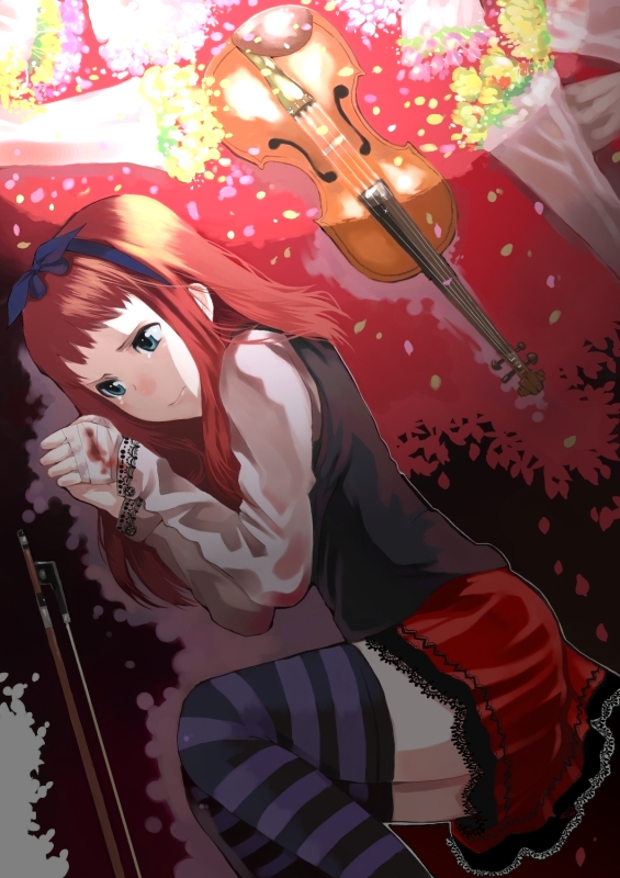 bandages blood bouquet flower instrument lace original palmeros petals red_hair ribbon skirt solo striped tears thighhighs violin zettai_ryouiki