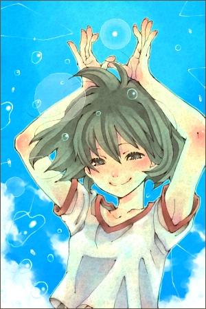 arms_up bangs closed_mouth collarbone eyebrows lowres original shabon shirt short_hair shorts smile solo water white_shirt