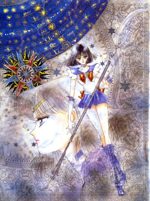 90s back_bow bishoujo_senshi_sailor_moon black_hair bob_cut boots bow brown_bow choker crossed_legs elbow_gloves gloves holding holding_spear holding_weapon knee_boots magical_girl official_art polearm purple_footwear purple_sailor_collar purple_skirt sailor_collar sailor_saturn sailor_senshi_uniform silence_glaive skirt solo spear staff standing star star_choker takeuchi_naoko tiara tomoe_hotaru watson_cross weapon white_gloves