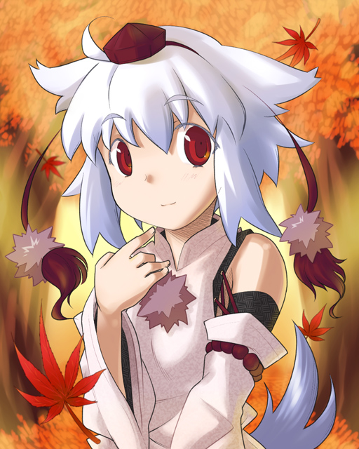 animal_ears bare_shoulders detached_sleeves eyebrows eyebrows_visible_through_hair hat inubashiri_momiji leaf looking_at_viewer maple_leaf mizumi_(artist) outdoors pom_pom_(clothes) red_eyes short_hair solo tail tokin_hat touhou tree upper_body white_hair wide_sleeves wolf_ears wolf_tail