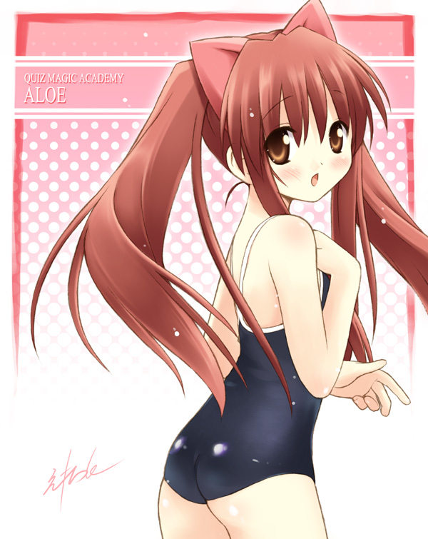 :d aloe_(quiz_magic_academy) animal_ears black_school_swimsuit blush brown_eyes brown_hair cat_ears competition_school_swimsuit eretto hand_on_own_chest long_hair looking_at_viewer looking_back one-piece_swimsuit open_mouth quiz_magic_academy school_swimsuit smile solo swimsuit twintails