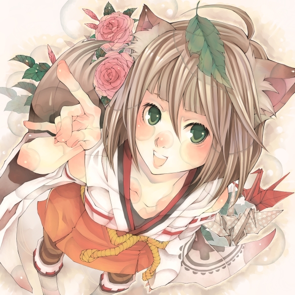 :d animal_ears brown_hair detached_sleeves flower from_above green_eyes japanese_clothes leaf leaf_on_head open_mouth origami original paper_crane red_flower red_rose rose round_teeth shabon smile solo standing tail teeth
