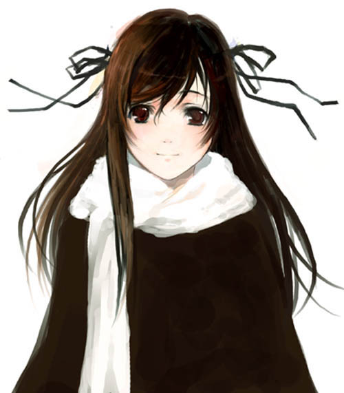 artist_request brown_eyes brown_hair copyright_request long_hair ribbon scarf solo
