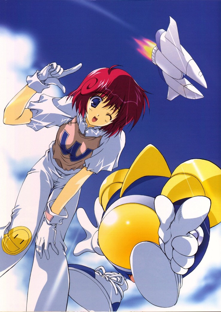 90s ;d bent_over blue_eyes blush cloud day flat_chest from_below gloves gradius looking_down mecha mitsumi_misato one_eye_closed open_mouth outdoors parodius pastel_(twinbee) pointing red_hair robot scan shoes short_hair sky smile smiley_face sneakers standing twinbee vic_viper