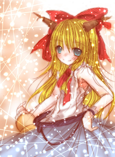 bare_shoulders blonde_hair blue_eyes blue_skirt blush bottle bow bowtie chain gourd hair_bow ibuki_suika kasuga_sunao looking_at_viewer red_bow red_neckwear shirt skirt smile solo sparkle touhou white_shirt wrist_cuffs