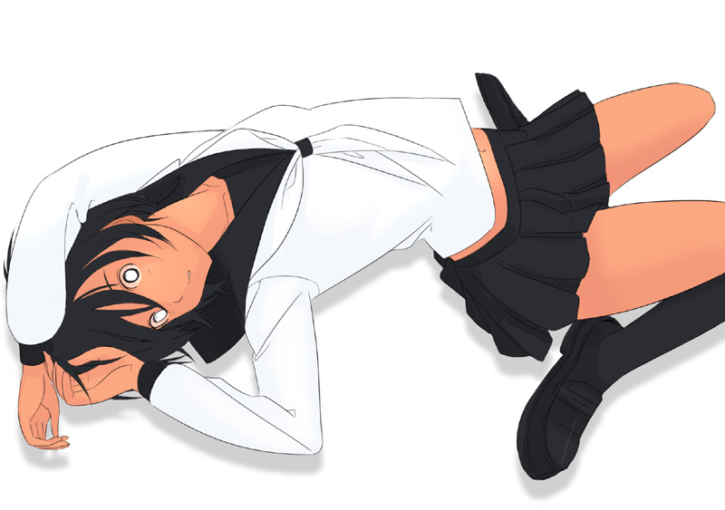 :o arms_up black_hair bright_pupils kiriman_(souldeep) kneehighs loafers long_sleeves lying miniskirt navel neckerchief on_back original parted_lips pleated_skirt school_uniform serafuku shoes simple_background skirt solo white_background white_pupils
