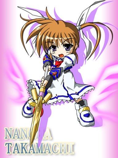 :o asano_yumemare blue_gloves bow bowtie character_name chibi dress fingerless_gloves gloves holding holding_weapon long_sleeves looking_at_viewer lyrical_nanoha magical_girl mahou_shoujo_lyrical_nanoha open_mouth polearm raising_heart red_bow red_neckwear shoes solo spear standing takamachi_nanoha twintails weapon white_dress winged_shoes wings