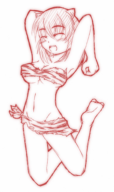 animal_print armpits artist_request blush closed_eyes copyright_request demon_girl groin happy horns jumping monochrome navel oni sketch solo tiger_print