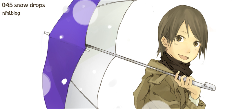 :d androgynous black_scarf brown_coat brown_eyes brown_hair coat english holding holding_umbrella long_sleeves looking_at_viewer open_mouth original purple_umbrella scarf short_hair simple_background smile solo umbrella upper_body white_background yoshito