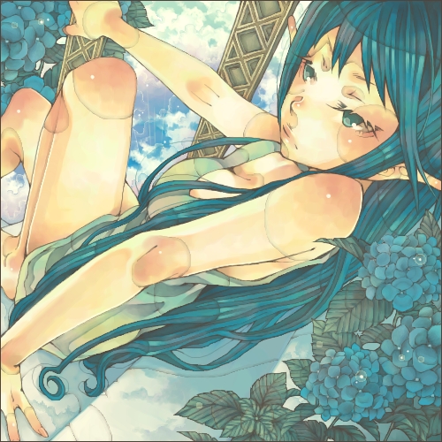 bare_arms blue_eyes blue_hair body_blush expressionless flower from_above hydrangea lowres original pointy_ears shabon solo