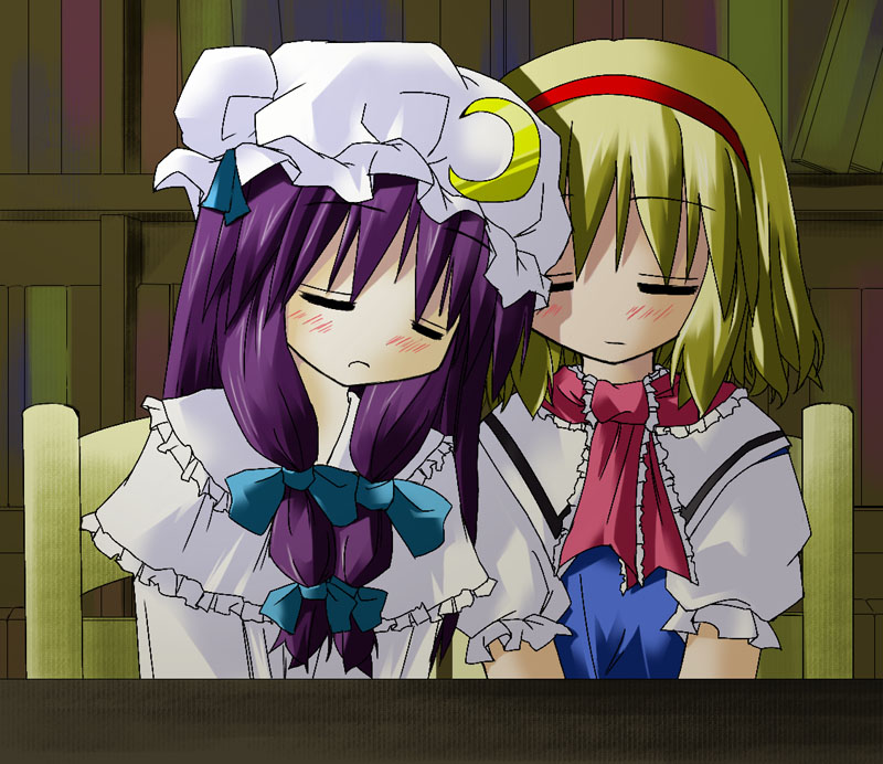 alice_margatroid blonde_hair blush book hat library multiple_girls murabito patchouli_knowledge purple_hair sleeping touhou voile