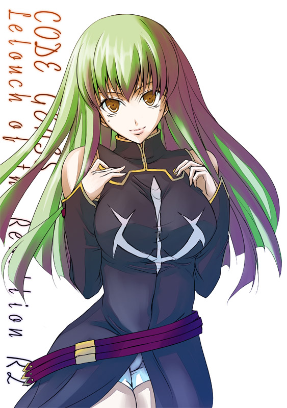 bangs breast_squeeze breasts c.c. code_geass detached_sleeves elbow_gloves gloves green_hair ihara_natsume large_breasts long_hair short_shorts shorts solo yellow_eyes