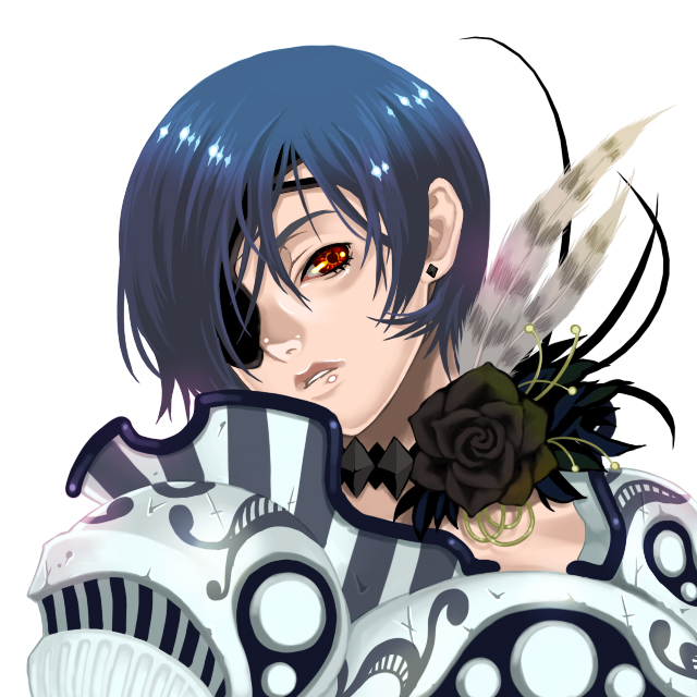 androgynous armor blue_hair copyright_request earrings eyepatch face feathers flower head_tilt jewelry miogrobin necklace red_eyes rose simple_background solo