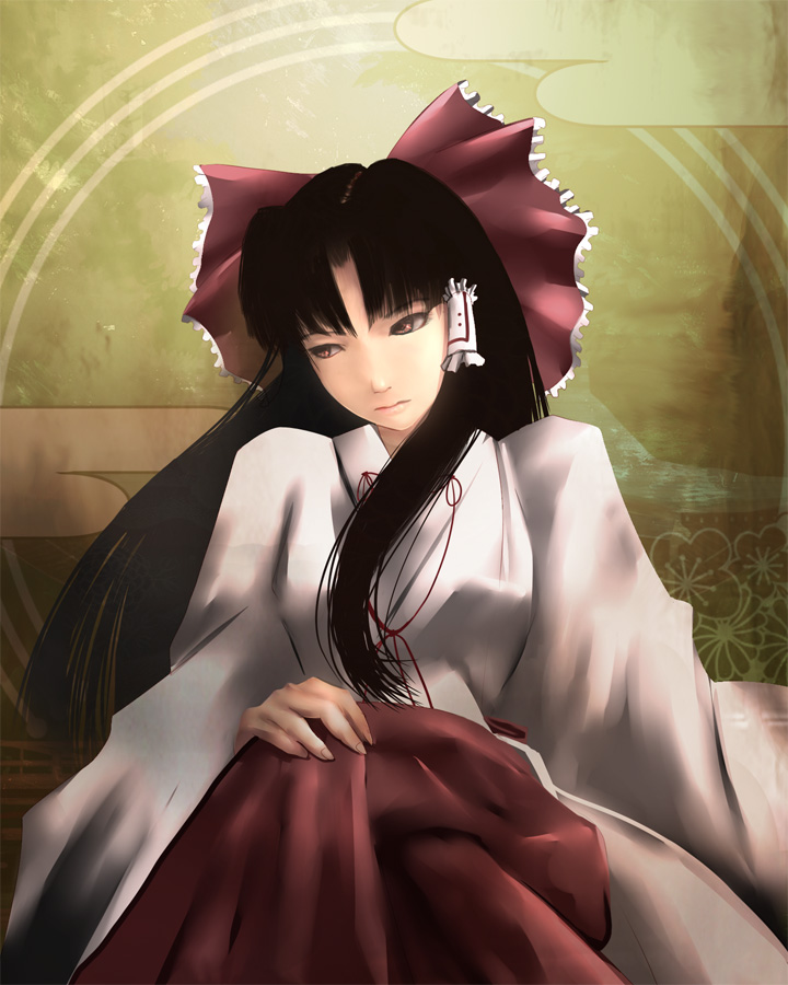 aojiru_(shiro_to_kuro_no_mukyou) black_hair egasumi hair_tubes hakama hakurei_reimu hakurei_reimu_(pc-98) japanese_clothes kimono long_hair miko realistic red_eyes red_hakama sitting solo touhou touhou_(pc-98)