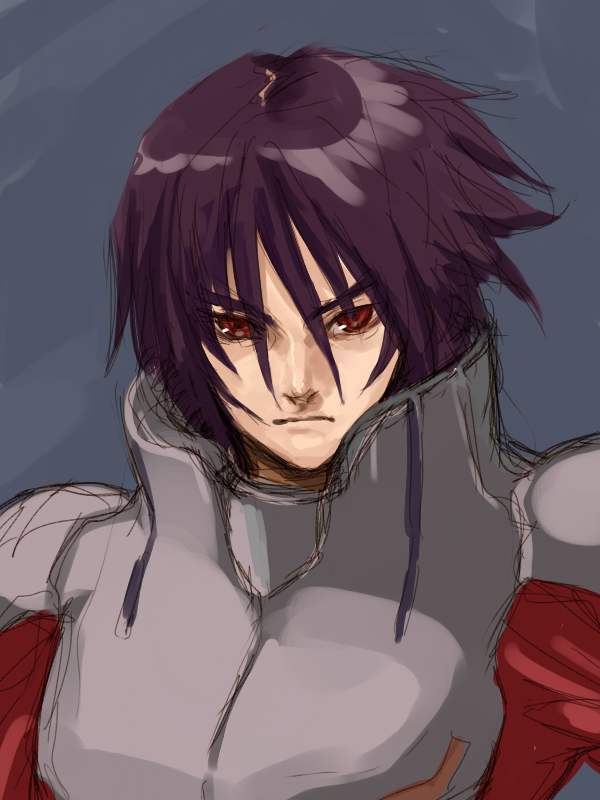 armor artist_request blue_background closed_mouth frown gundam gundam_seed gundam_seed_destiny hair_between_eyes looking_at_viewer male_focus purple_hair red_eyes shinn_asuka sketch solo upper_body