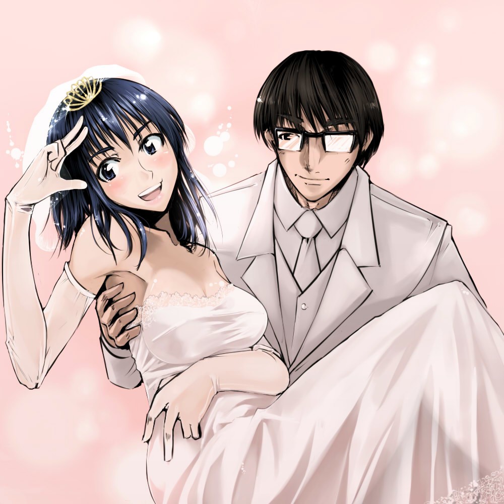 1girl blue_eyes bridal_veil bride carrying cosaten dress elbow_gloves glasses gloves hanai_haruki princess_carry school_rumble suou_mikoto tuxedo veil wedding wedding_dress