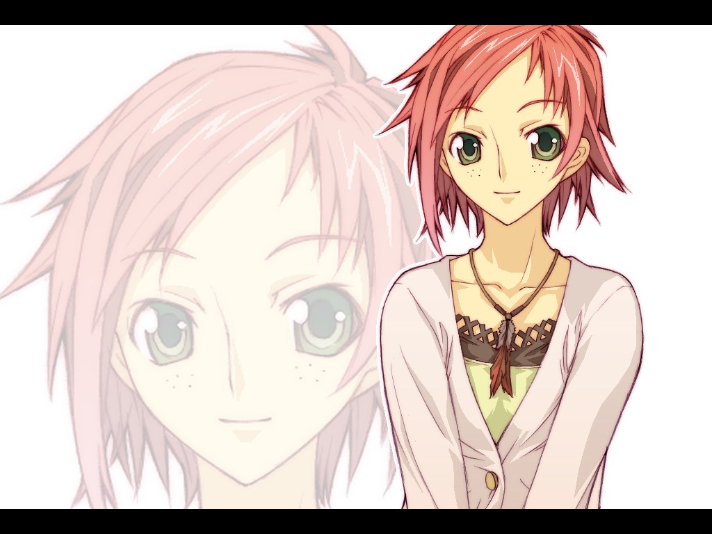 collarbone freckles green_eyes haruka_shiya jewelry letterboxed light_smile looking_at_viewer mahou_sensei_negima! murakami_natsumi necklace pink_hair short_hair simple_background smile solo upper_body white_background zoom_layer