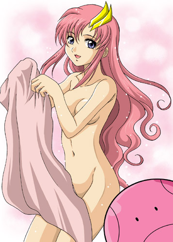 :d ball breasts brown_eyes cleavage collarbone convenient_censoring crossover curly_hair gundam gundam_seed gundam_seed_destiny hair_ornament hairclip hanzou haro lacus_clyne long_hair looking_at_viewer lowres medium_breasts nude open_mouth pink_hair sidelocks smile solo very_long_hair